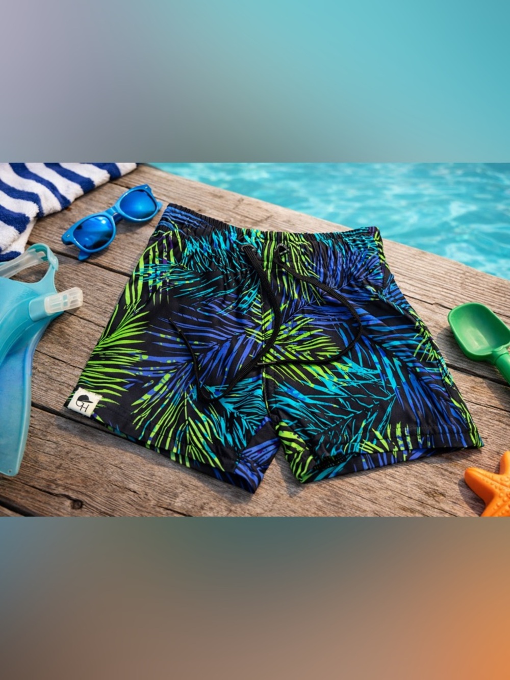 🌴 George Hats Tropical Swim Trunks | 18–24M | Bright Neon Palm Print